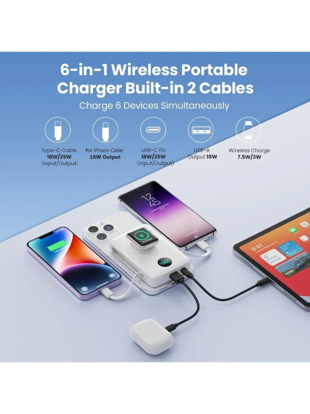 Portable Magnetic Charger 10800mAh, Wireless Power Bank, Fast Charging USB-C for